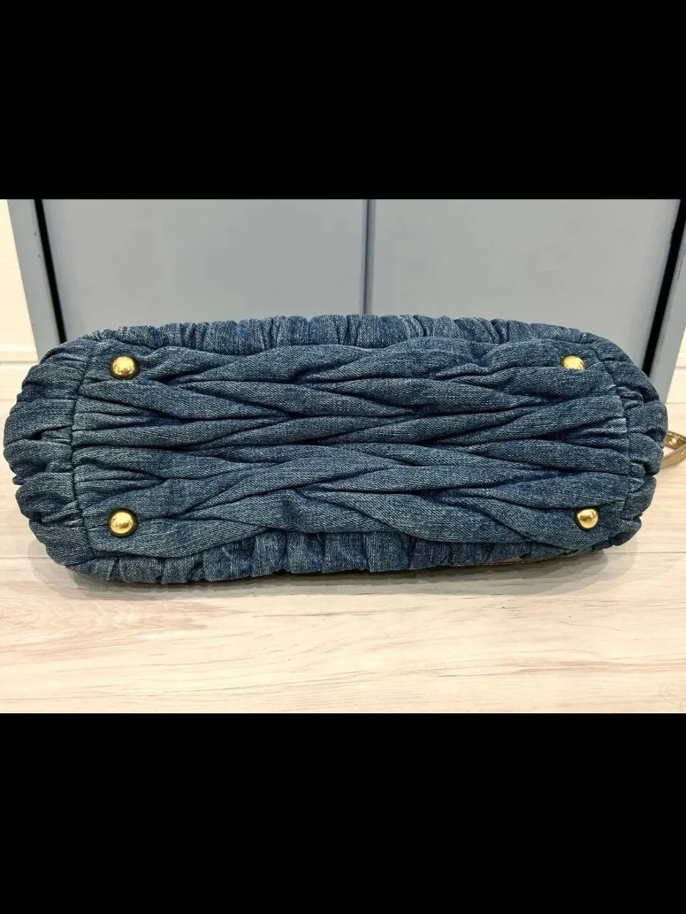 Miu Miu Blue Denim Matelassé Tote with Gold Hardware